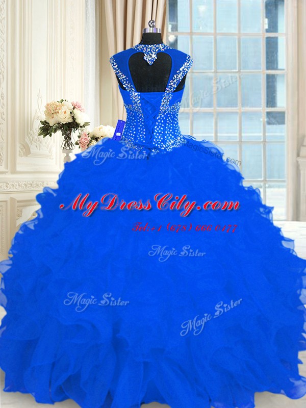 Lovely Royal Blue Organza Lace Up Quinceanera Dress Cap Sleeves Floor Length Beading and Ruffles