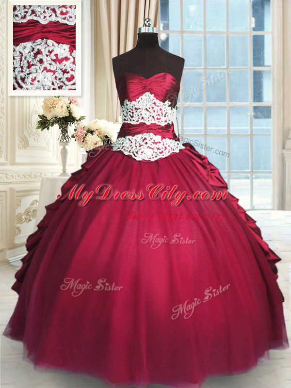 Long Sleeves Taffeta and Tulle Floor Length Zipper Vestidos de Quinceanera in Red with Beading and Lace and Ruching and Pick Ups