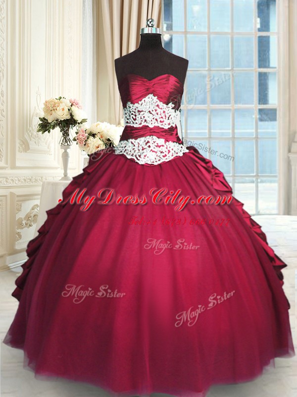 Long Sleeves Taffeta and Tulle Floor Length Zipper Vestidos de Quinceanera in Red with Beading and Lace and Ruching and Pick Ups