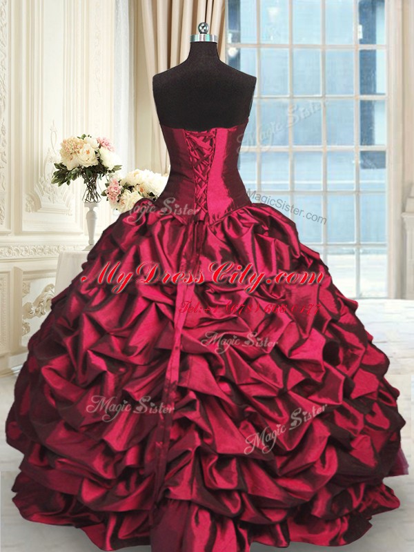 Long Sleeves Taffeta and Tulle Floor Length Zipper Vestidos de Quinceanera in Red with Beading and Lace and Ruching and Pick Ups