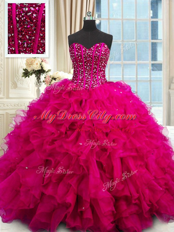 Trendy Fuchsia Sweetheart Neckline Beading and Ruffles and Sequins Vestidos de Quinceanera Sleeveless Lace Up