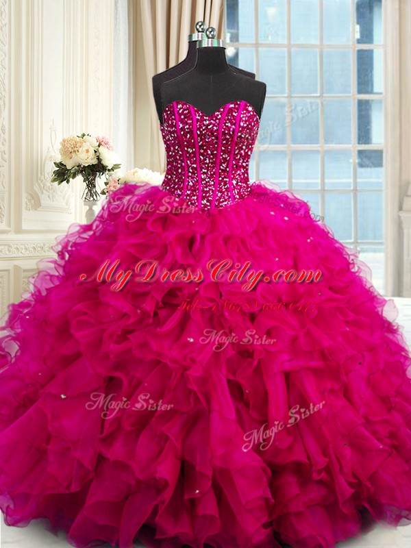 Trendy Fuchsia Sweetheart Neckline Beading and Ruffles and Sequins Vestidos de Quinceanera Sleeveless Lace Up