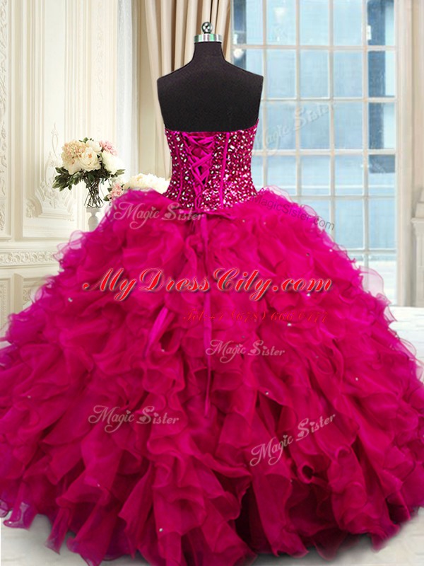 Trendy Fuchsia Sweetheart Neckline Beading and Ruffles and Sequins Vestidos de Quinceanera Sleeveless Lace Up