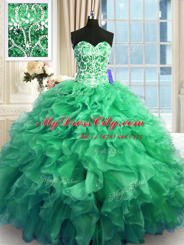 Shining Turquoise Lace Up Sweetheart Beading and Ruffles Quinceanera Gown Organza Sleeveless