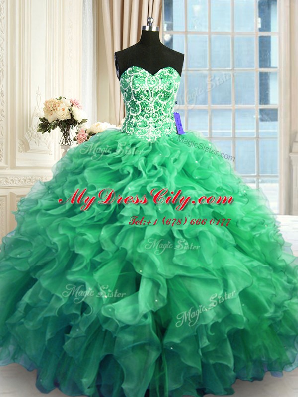 Shining Turquoise Lace Up Sweetheart Beading and Ruffles Quinceanera Gown Organza Sleeveless