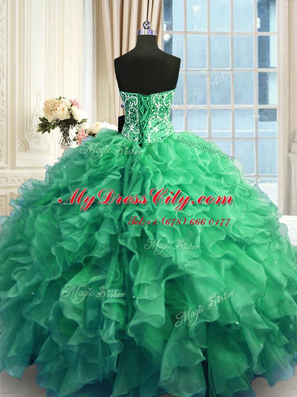 Shining Turquoise Lace Up Sweetheart Beading and Ruffles Quinceanera Gown Organza Sleeveless