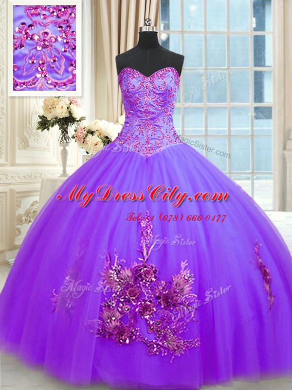 Ball Gowns Quinceanera Gown Purple Sweetheart Tulle Sleeveless Floor Length Lace Up