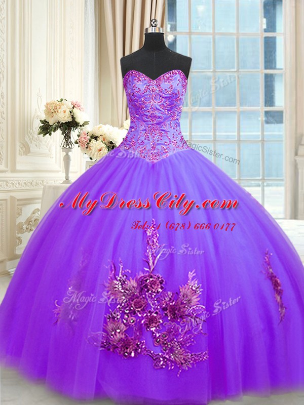 Ball Gowns Quinceanera Gown Purple Sweetheart Tulle Sleeveless Floor Length Lace Up