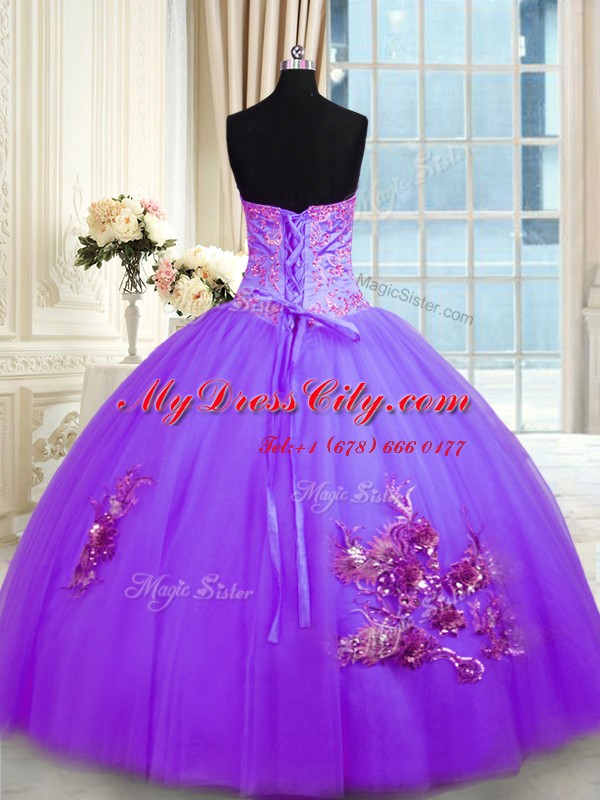 Ball Gowns Quinceanera Gown Purple Sweetheart Tulle Sleeveless Floor Length Lace Up