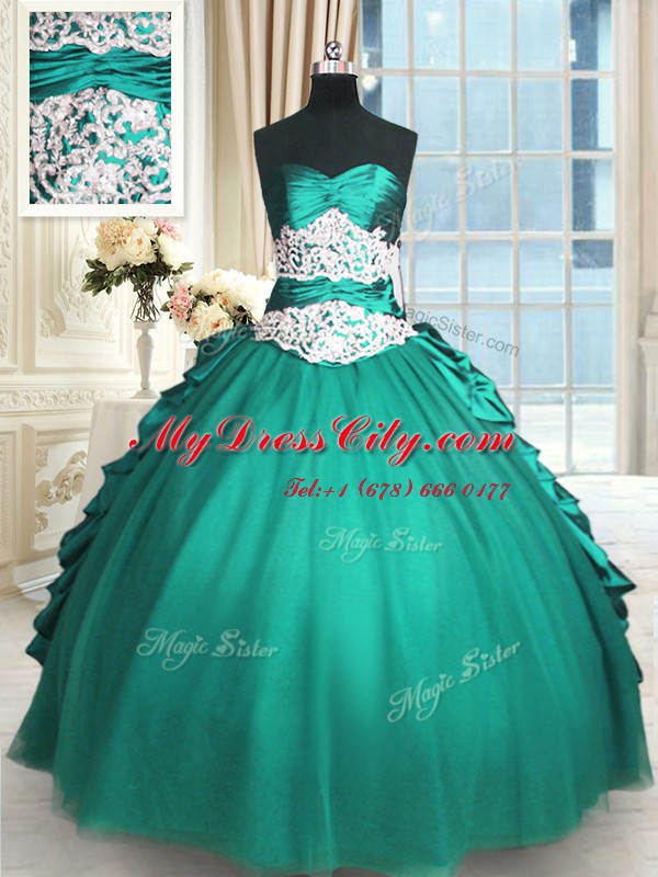 High Quality Turquoise Sleeveless Beading and Lace and Appliques and Ruching Floor Length Quinceanera Dress