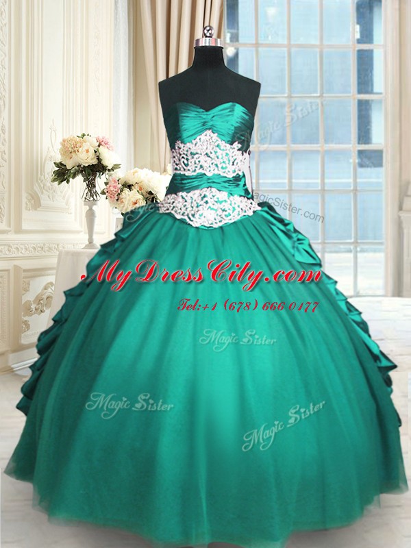 High Quality Turquoise Sleeveless Beading and Lace and Appliques and Ruching Floor Length Quinceanera Dress