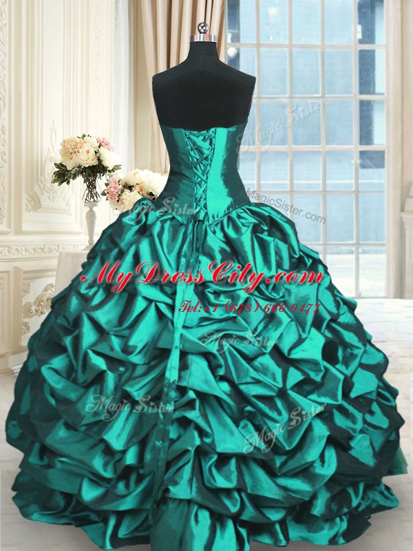 High Quality Turquoise Sleeveless Beading and Lace and Appliques and Ruching Floor Length Quinceanera Dress