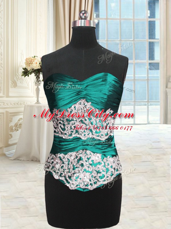 High Quality Turquoise Sleeveless Beading and Lace and Appliques and Ruching Floor Length Quinceanera Dress