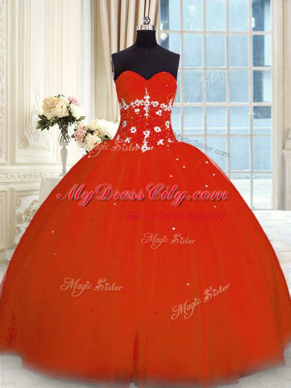 Floor Length Red Quinceanera Gown Tulle Sleeveless Appliques