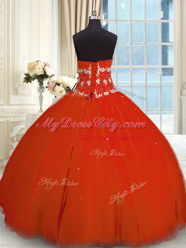 Floor Length Red Quinceanera Gown Tulle Sleeveless Appliques