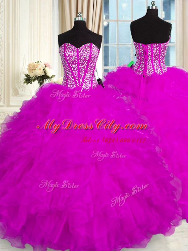 Most Popular Fuchsia Quinceanera Gown Military Ball and Sweet 16 and Quinceanera and For with Beading and Ruffles Sweetheart Sleeveless Lace Up