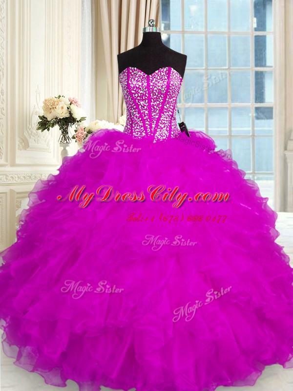 Most Popular Fuchsia Quinceanera Gown Military Ball and Sweet 16 and Quinceanera and For with Beading and Ruffles Sweetheart Sleeveless Lace Up