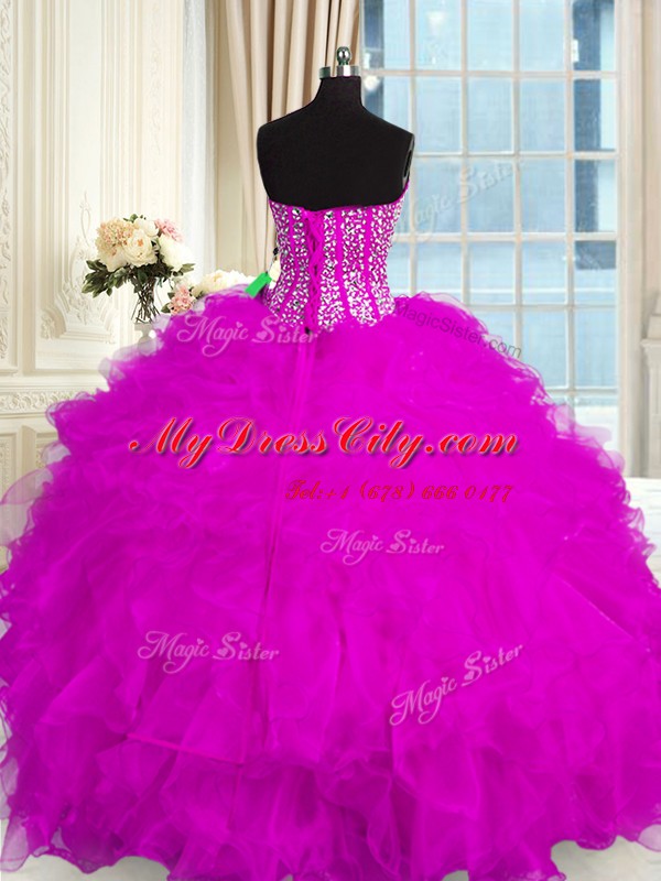 Most Popular Fuchsia Quinceanera Gown Military Ball and Sweet 16 and Quinceanera and For with Beading and Ruffles Sweetheart Sleeveless Lace Up