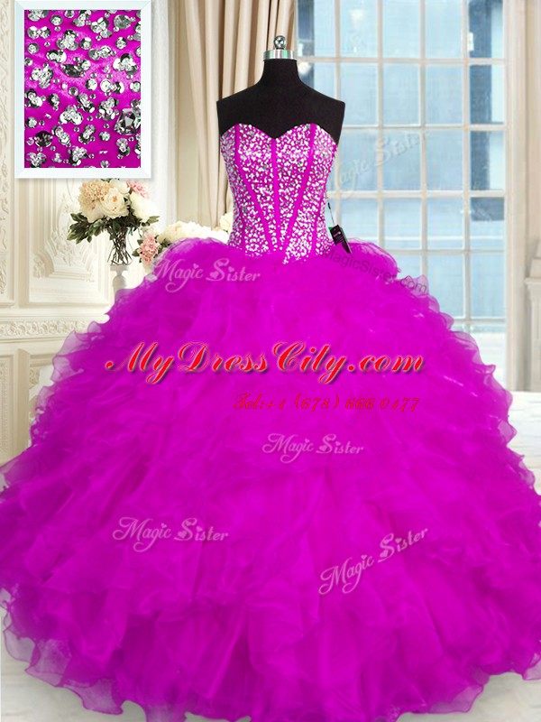 Most Popular Fuchsia Quinceanera Gown Military Ball and Sweet 16 and Quinceanera and For with Beading and Ruffles Sweetheart Sleeveless Lace Up