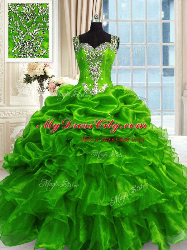 Beading and Ruffles and Pick Ups Quinceanera Dresses Green Lace Up Sleeveless Floor Length