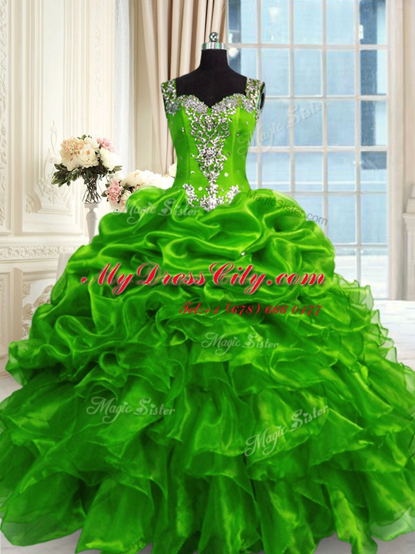 Beading and Ruffles and Pick Ups Quinceanera Dresses Green Lace Up Sleeveless Floor Length