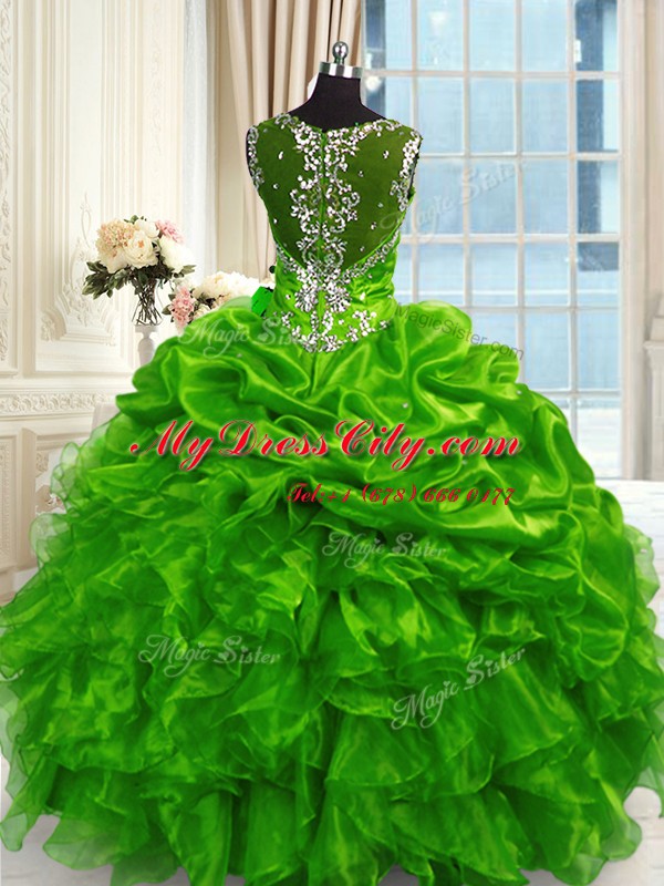 Beading and Ruffles and Pick Ups Quinceanera Dresses Green Lace Up Sleeveless Floor Length