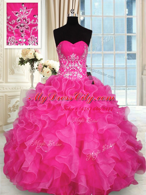 High Quality Hot Pink Sleeveless Organza Lace Up Sweet 16 Dress for Sweet 16 and Quinceanera