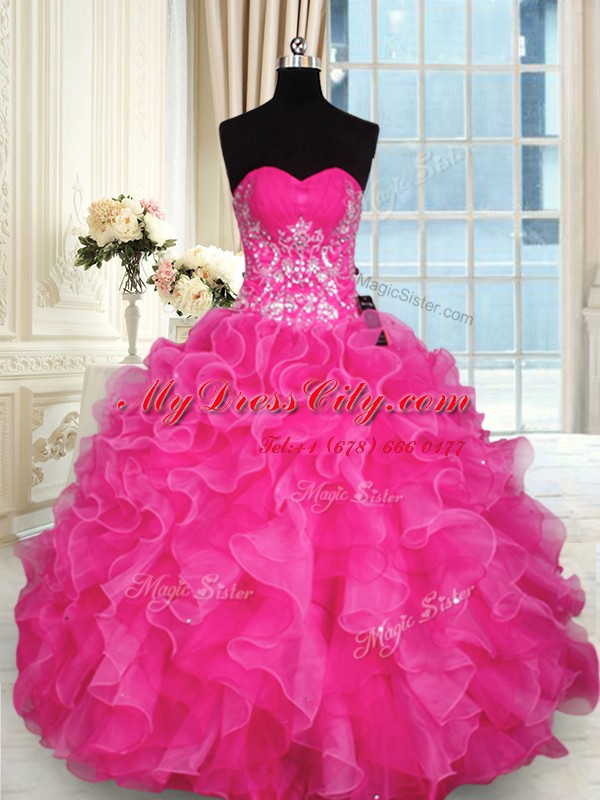 High Quality Hot Pink Sleeveless Organza Lace Up Sweet 16 Dress for Sweet 16 and Quinceanera