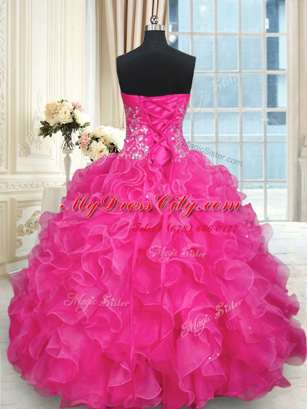 High Quality Hot Pink Sleeveless Organza Lace Up Sweet 16 Dress for Sweet 16 and Quinceanera