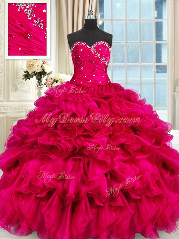 Eye-catching Hot Pink Lace Up Sweet 16 Quinceanera Dress Beading and Ruffles Sleeveless Floor Length