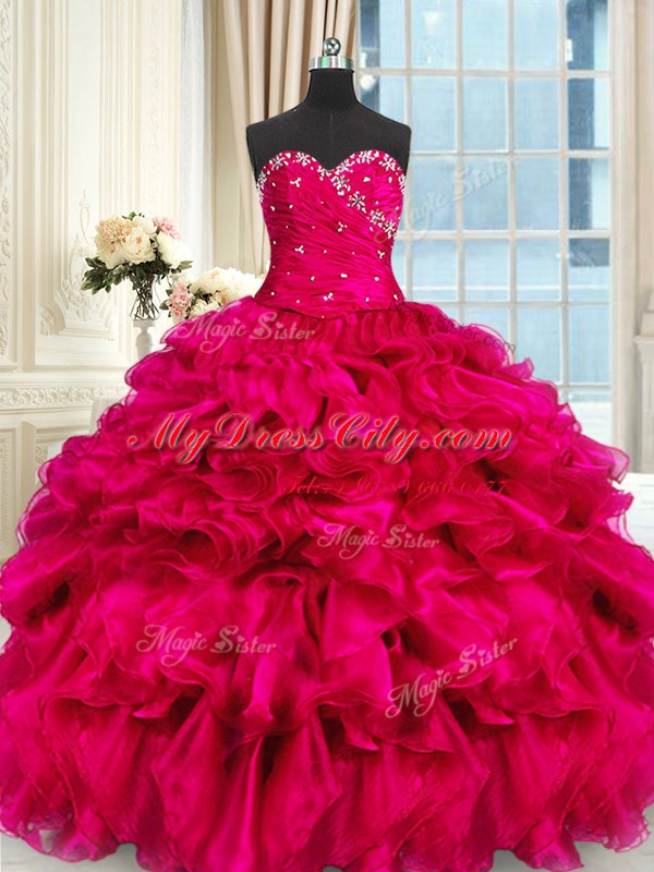 Eye-catching Hot Pink Lace Up Sweet 16 Quinceanera Dress Beading and Ruffles Sleeveless Floor Length