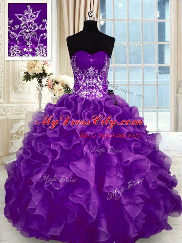 Amazing Sweetheart Sleeveless Sweet 16 Dress Floor Length Beading and Appliques and Ruffles Purple Organza