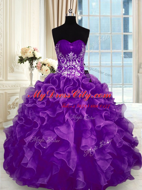 Amazing Sweetheart Sleeveless Sweet 16 Dress Floor Length Beading and Appliques and Ruffles Purple Organza