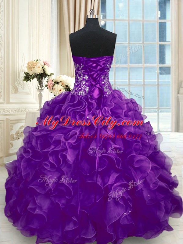 Amazing Sweetheart Sleeveless Sweet 16 Dress Floor Length Beading and Appliques and Ruffles Purple Organza