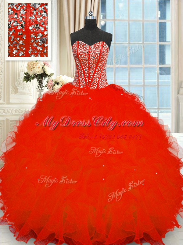 Red Sleeveless Beading and Ruffles Floor Length Quinceanera Dress