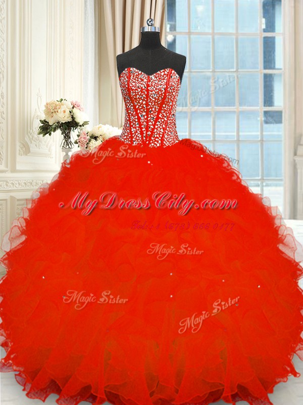 Red Sleeveless Beading and Ruffles Floor Length Quinceanera Dress