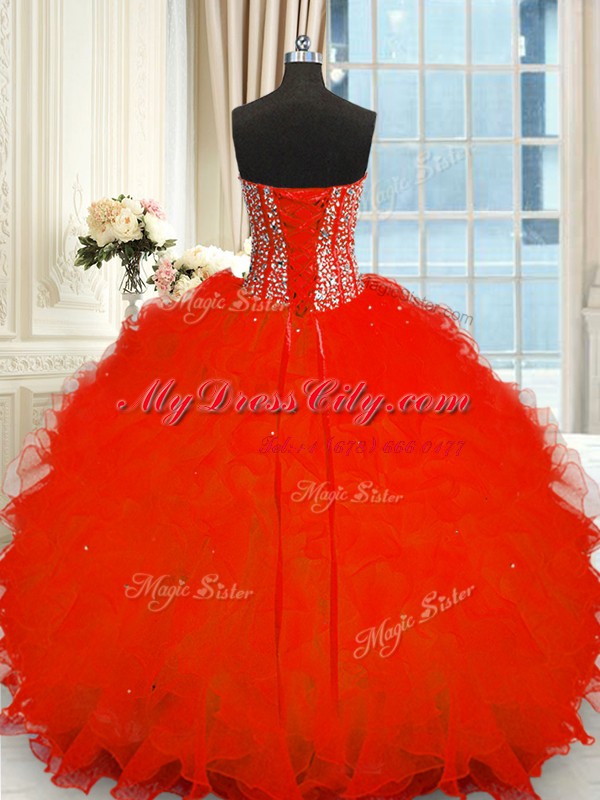 Red Sleeveless Beading and Ruffles Floor Length Quinceanera Dress