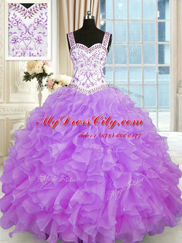 High Class Sweetheart Sleeveless Quince Ball Gowns Floor Length Beading and Appliques and Ruffles Lilac Organza