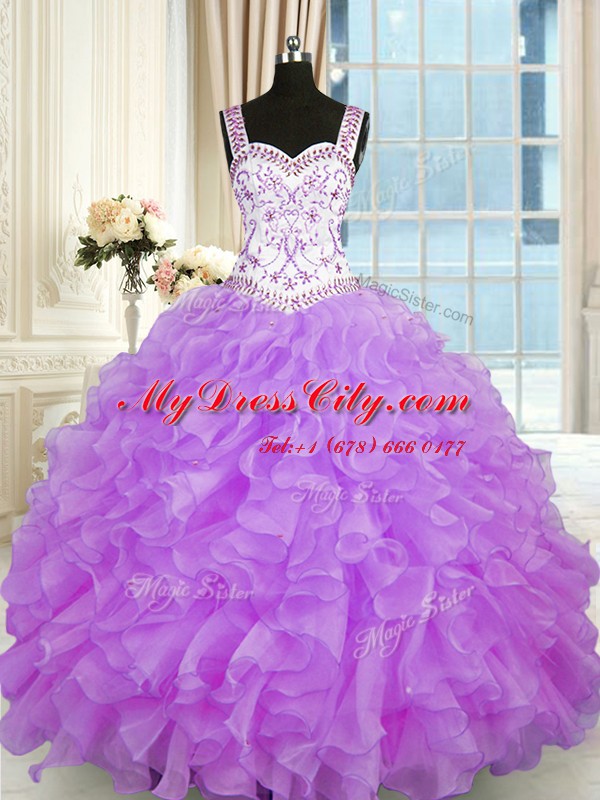 High Class Sweetheart Sleeveless Quince Ball Gowns Floor Length Beading and Appliques and Ruffles Lilac Organza