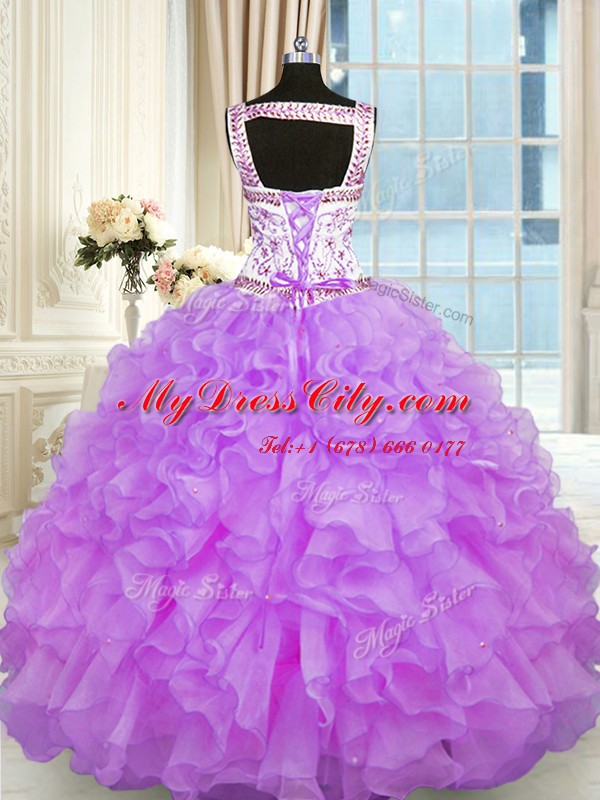 High Class Sweetheart Sleeveless Quince Ball Gowns Floor Length Beading and Appliques and Ruffles Lilac Organza