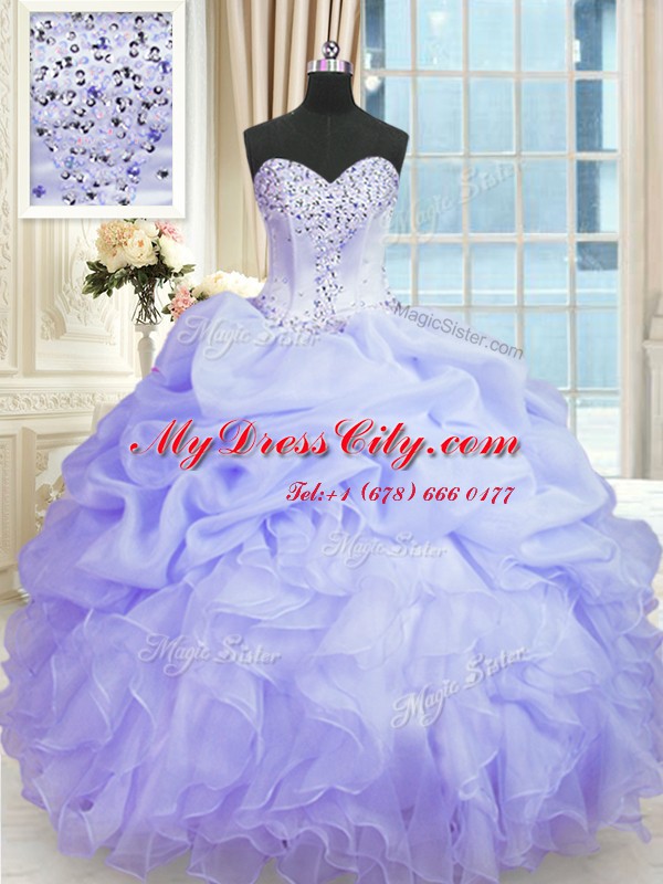 Decent Lavender Ball Gowns Sweetheart Sleeveless Organza Floor Length Lace Up Beading and Ruffles 15th Birthday Dress