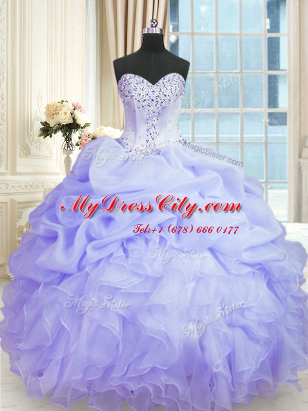 Decent Lavender Ball Gowns Sweetheart Sleeveless Organza Floor Length Lace Up Beading and Ruffles 15th Birthday Dress