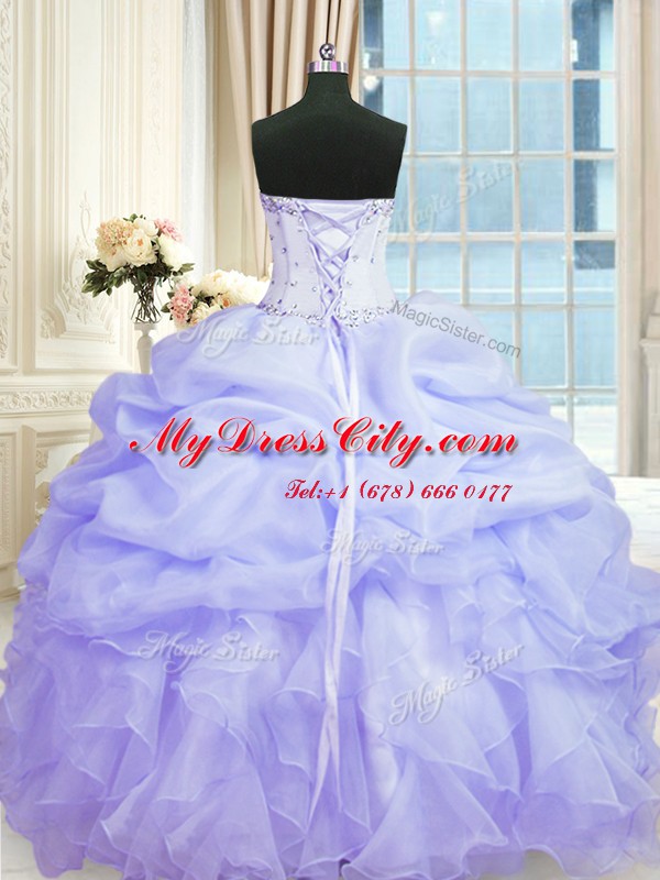 Decent Lavender Ball Gowns Sweetheart Sleeveless Organza Floor Length Lace Up Beading and Ruffles 15th Birthday Dress