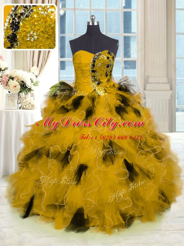 Customized Gold Sleeveless Beading and Ruffles Floor Length Sweet 16 Dress