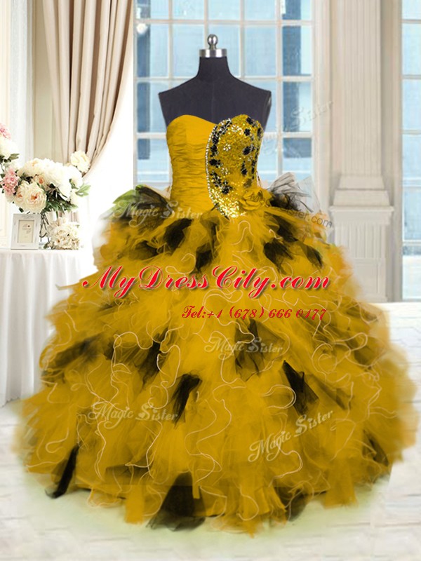 Customized Gold Sleeveless Beading and Ruffles Floor Length Sweet 16 Dress