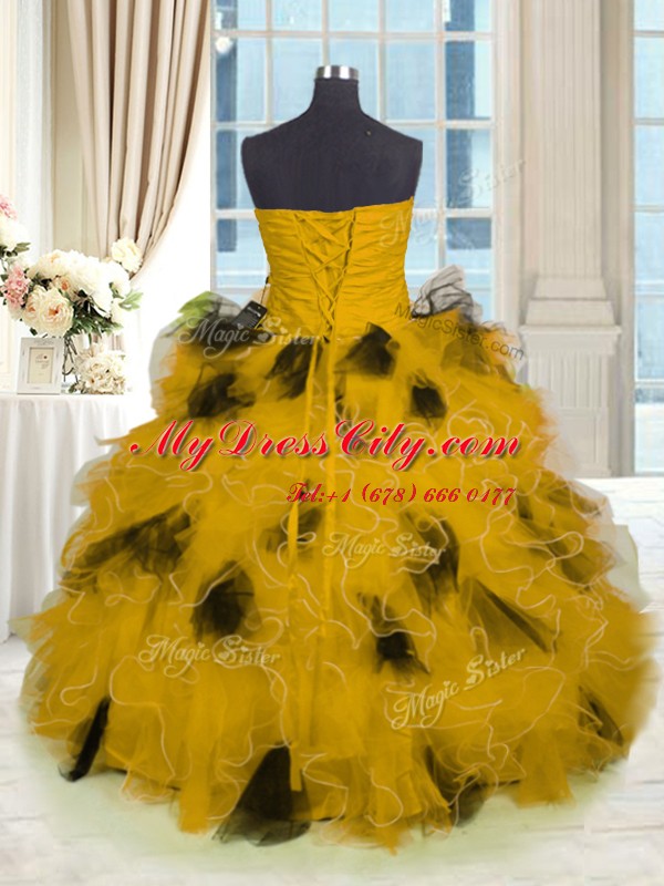 Customized Gold Sleeveless Beading and Ruffles Floor Length Sweet 16 Dress