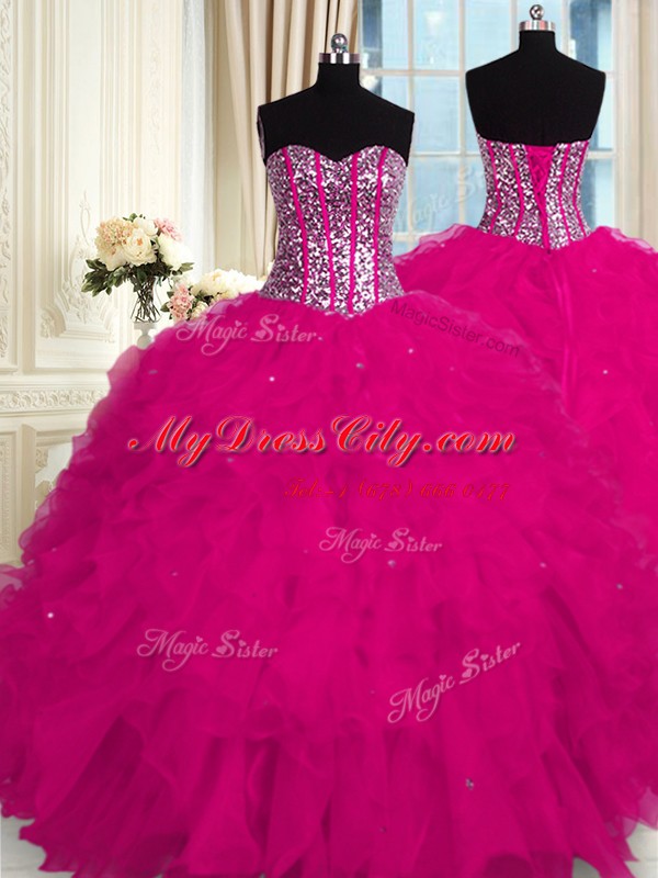 Suitable Floor Length Fuchsia Sweet 16 Quinceanera Dress Organza Sleeveless Beading and Ruffles