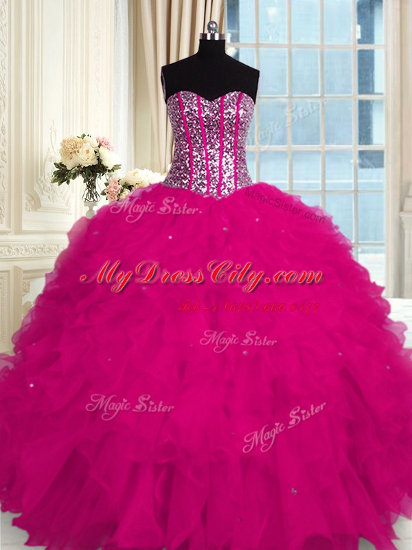 Suitable Floor Length Fuchsia Sweet 16 Quinceanera Dress Organza Sleeveless Beading and Ruffles