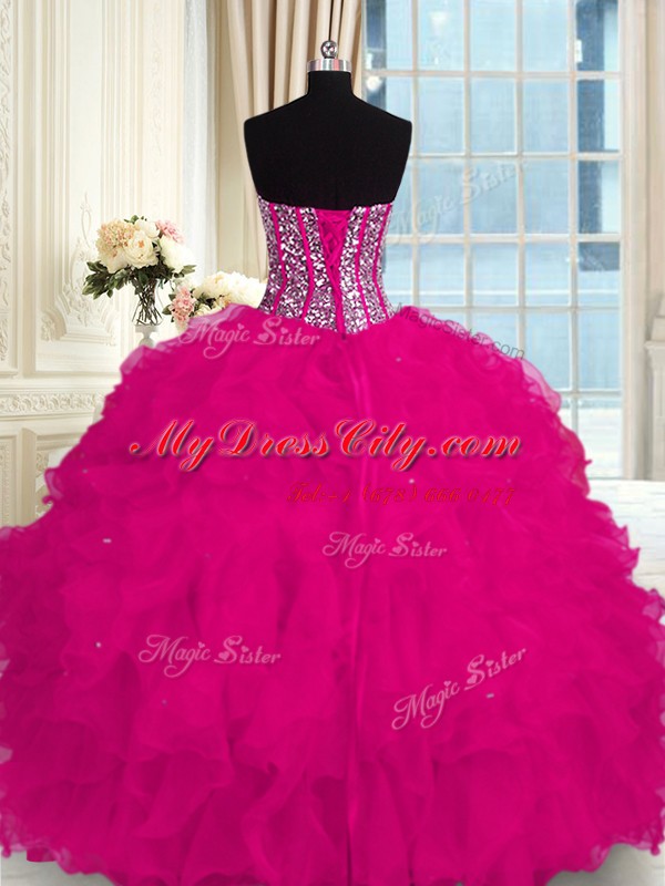 Suitable Floor Length Fuchsia Sweet 16 Quinceanera Dress Organza Sleeveless Beading and Ruffles