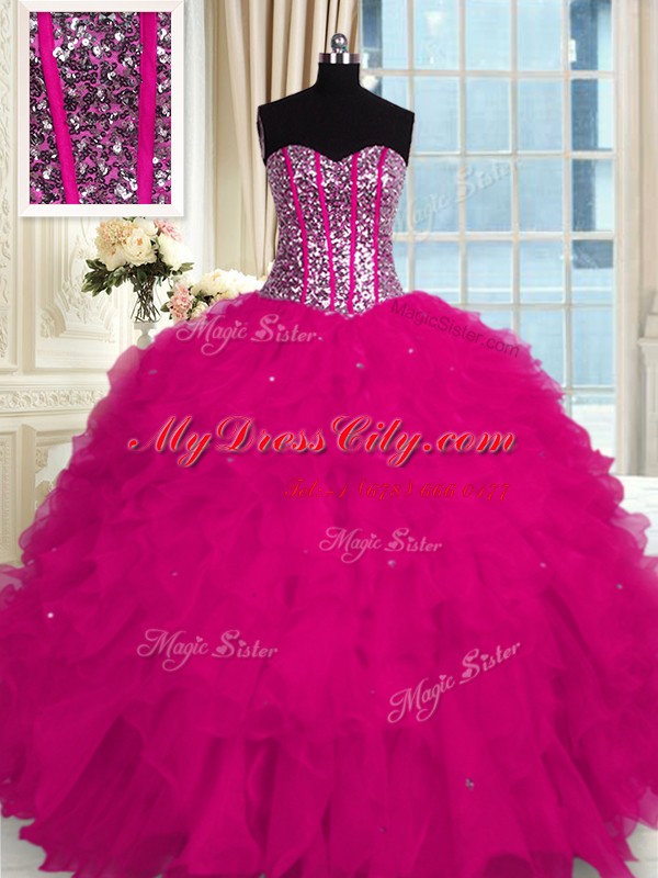 Suitable Floor Length Fuchsia Sweet 16 Quinceanera Dress Organza Sleeveless Beading and Ruffles